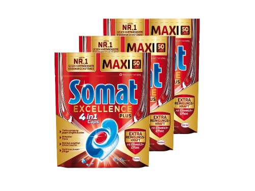 Somat Excellence PLUS 4in1 Caps (3x50 Caps), Spülmaschinentabs in 100% wasserlöslicher Hülle, Somat Caps mit Extra Reinigungskraft* und...
