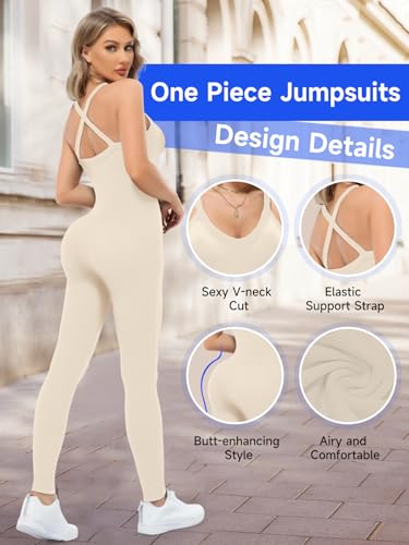 VUTRU Rompers for WomenSexy Sleeveless Bodycon V Neck Tank One Piece Bodysuit Shapewear Athletic Jumpsuits, Light Khaki L — view 4