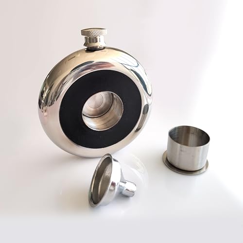 CNFLASK 5oz Round Hip Flask With Build-in Insertable Cup & Funnel (5oz, Black)