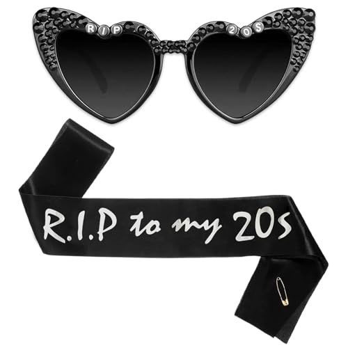 30th Birthday Glasses with Sash Heart Shaped Sunglasses Funny Rip 20s Birthday Decorations Shiny Bling Diamond Pearl Sunglasses for Women Men 30th Novelty Party Supplies Photo Props Accessories