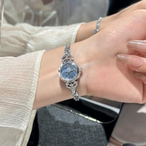 CARLIEN Womens Small Elegant Simple Luxury Rhinestone Pearl Dial Quartz Watch Lightweight Alloy Steel Mesh Strap Fashion Ladies Wrist Watch (Silver Blue) by CARLIEN - Used condition - Image 5