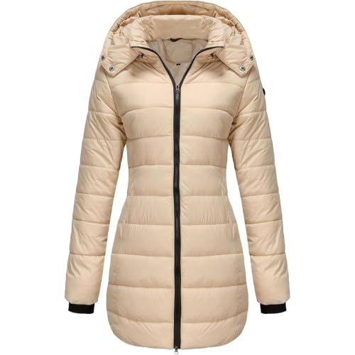 Manteau rembourré mi-long femme veste hiver légère à capuche amovible et taille fine