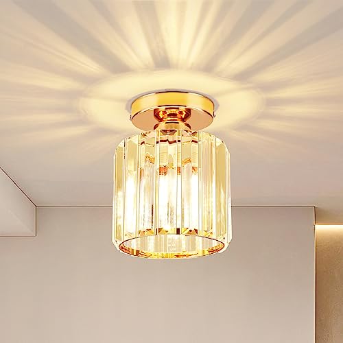 ALLOMN Plafonnier en Cristal Doré Semi-encastré, Lustre à LED Moderne pour Cuisine, Salle à Manger, Couloir, Salle de Bain, Balcon, Porche, Entrée