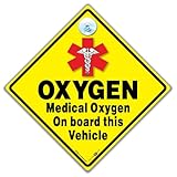 Medical Oxygen On Board Vehicle Warning Sign, 14 cm x 14 cm, Yellow Diamond with Suction Cup