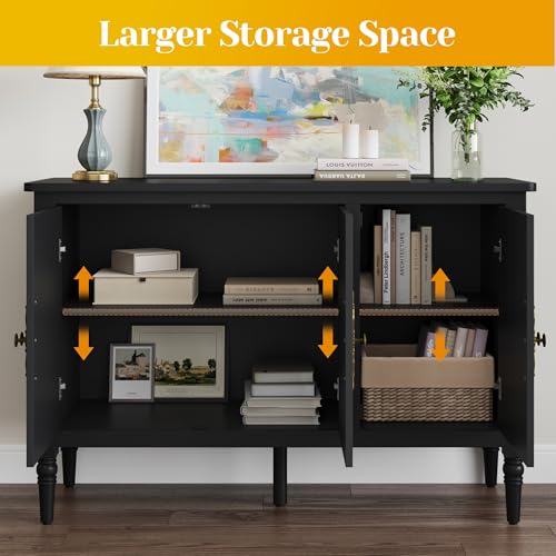 Image of FansaFurn 3-Door Buffet Cabinet with Adjustable Shelves, Accent Sideboard with Turned Legs, Wood Pantry Cabinet, Mid-Century Storage Cabinet for Entryway, Living Room, Dining Room, Black