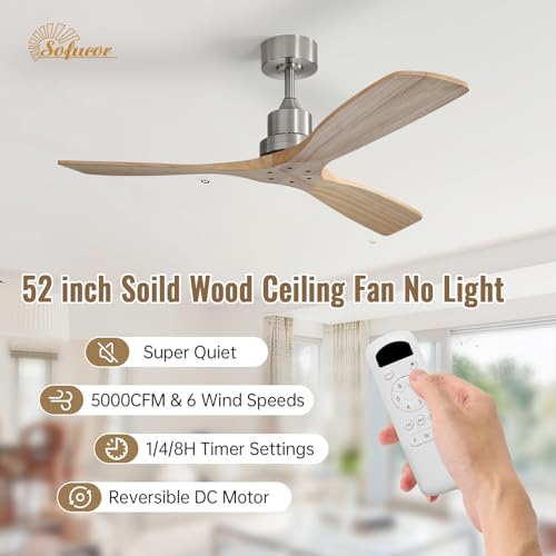 Image of Sofucor 52 Inch Modern Solid Wood Ceiling Fan No Light for Indoor Outdoor