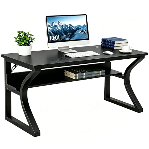 Image of 47 inch Computer Desk, Home Office Desk with Storage Shelf, Sturdy U-Shaped Metal Frame Study Table with Cable Management, Gaming Desk for Office & Bedroom (Carbon Fiber Black, 47inch)