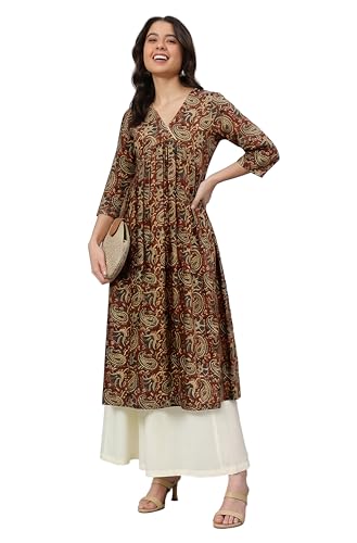 Image of Janasya Women's Pure Cotton Floral Printed Flared Kurta
