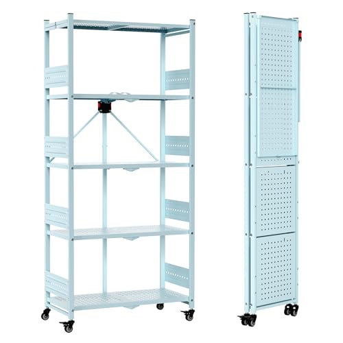Image of WORKPRO 5-Tier Folding Shelf, No-Assembly Metal Storage Rack with Wheels, 750 lbs Capacity (with Leveling Feet), Collapsible Shelving Unit for Kitchen, Pantry, Closet & Craft Shows - Blue