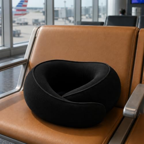 Image of FlyHugz Neck Travel Pillow Memory Foam Neck Pillow for Comfort on Airplane Compact and Ergonomic Design for Travel, Car Rides, and Home Use Ideal for Adults and Kids. (Midnight Black)