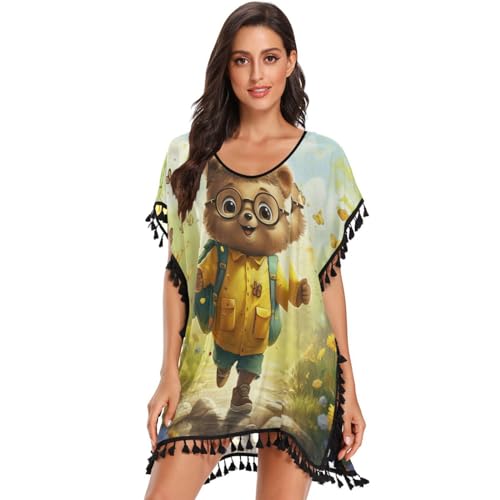 Crayon Art Brown Bear Women's Beach Cover Up Chiffon Tassel Swimwear Swimsuit Coverups for Girl