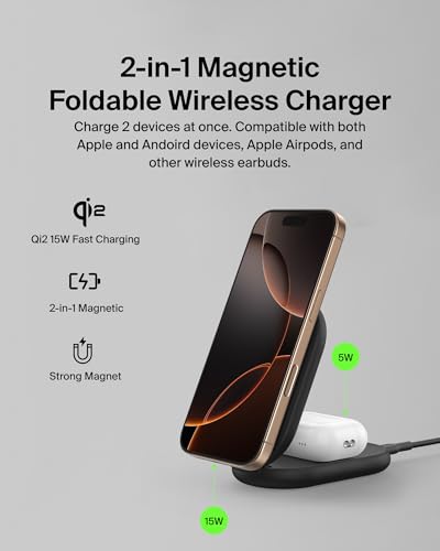 Image of Belkin MagSafe Qi2 Wireless Charger | 2-in-1 Magnetic Foldable 15W | Fast Charger for iPhone 16, 15, 14, 13, 12 | Charging Station with Non-Slip Base | PSU Included | Black