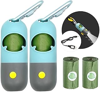 Morn Light Poop Bag Holder with Flashlight Dog Poop Bag Holder for Leash Dog Bag Holder with Clip Dog Poop Bag Dispenser with Leak-Proof Green Poop Bags for Dog Walking(USB,2 Dispensers 60 Bags))