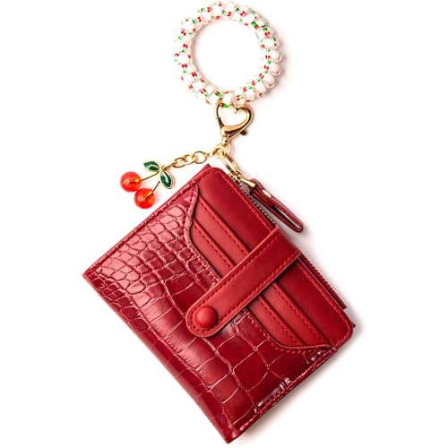 HONYJOOM Women Wristlet Keychain Wallet with Cherry Keychain Red Cherry Wallets Women Cute Card Holder Wristlet Girls Small Wallet Keychains