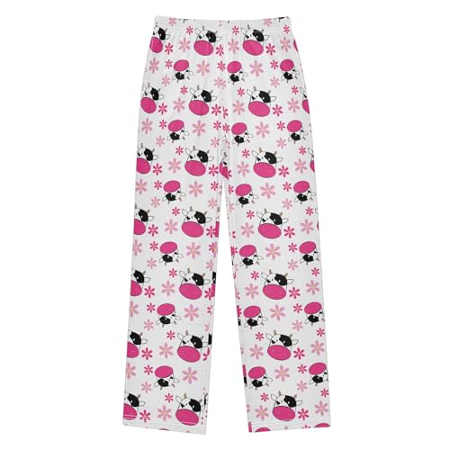 ZZXXB Milk Cow Pink Flowers Boys Long Pants Soft Trousers Elastic Waist Kids Lounge Bottoms with Pockets S-XL