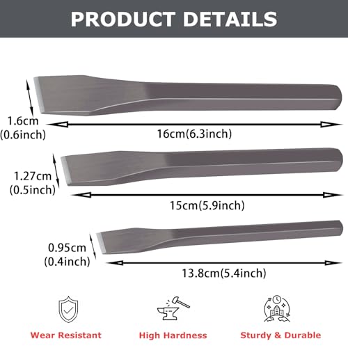 Image of Heavy Duty Cold Chisels Set 3-Piece, Cr-v Steel, 3 /8 inch, 1 /2 inch & 5 /8 inch, High hardness & Heat Treated.