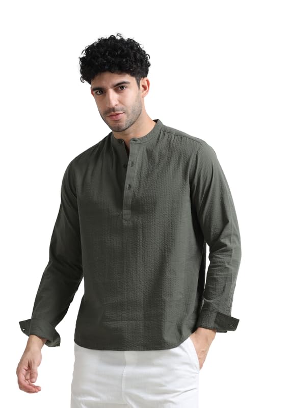 Image of StitchX Men's Seersucker Band Collar Pure Cotton Striped Kurta Shirt-S-2XL