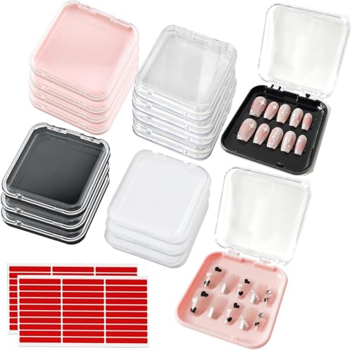 Xyembu 4 Pcs Press On Nail Storage Box with 30Pcs Adhesive Double Sided Tape and 8 Pcs Cards, Press on Nails Packaging, Acrylic Nails Display Box, Nail-Box Organizer for Nail Salon (4 Colors)