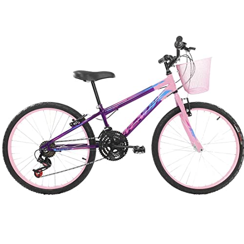 Bicicleta Feminina Infantil Aro 24 Quadro Wendy Adesivo Brilhoso 18 Marchas Com Cestinha Dianteira Rosa,Violeta Rosa