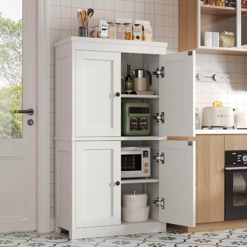 knoworld 110cm Pantry Cupboard, Kitchen Larder Cupboard with 4 Wood Doors