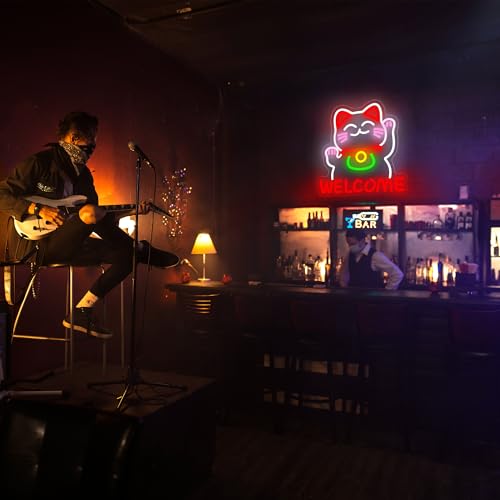Image of Welcome Cat Neon Sign for Wall Decor Dimmable Lucky Cat Business Neon Light Suitable for Man Cave Store Shop Bar Restaurant Commercial Street Christmas Birthday Gift Size13*13In(WZCP012)