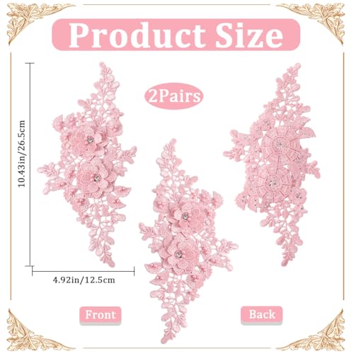 CABODYALS 2 works 4Pcs Pink Floral Embroidery Applique Beaded 3D Flower Rhinestone Appliques Polyester Lace Pearl Crystal Sew on Patches for Sewing Making Clothes Wedding Gowns Accessories - Image 2