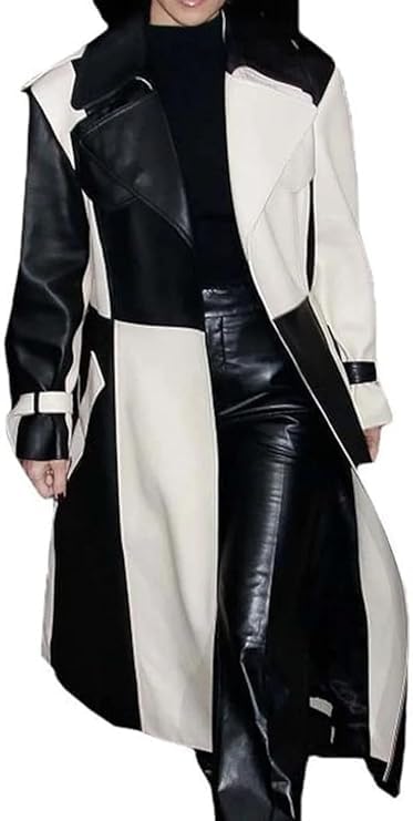 Womens Handmade Real Lambskin Leather Trench Coat, Two Tone, Full Length, Casual Long Coat