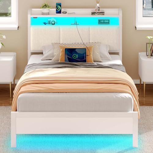 Rolanstar Bed Frame Twin Size with Charging Station and LED Lights, Upholstered Headboard with Storage Shelves, Heavy Duty Metal Slats, No Box Spring Need, Noise Free, Easy Assembly, White