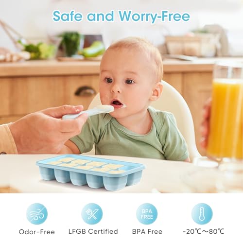 DOQAUS Ice Cube Tray with Lid and Bin, 4 Pack Silicone Plastic Ice Cubes Trays for Freezer with Box/Container, Stackable with Storage Iced Bucket Kits, Scoop, for RV, Soup, Food, Cocktail, Coffee