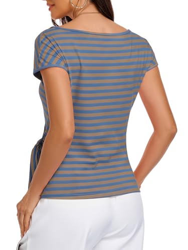 Image of HOTIAN Womens Cap Sleeve T Shirts 2026 Tie Waist Wrap Tops Crew Neck Blouses Dressy Casual Loose Work Business Dressy