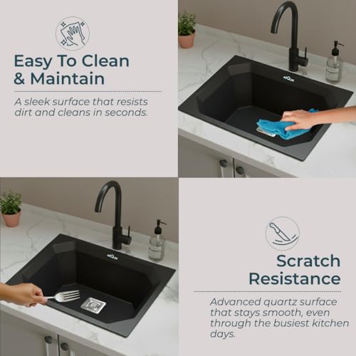 Image of ARQUIN Quartz Kitchen Sink 24x18x9 Inch Black Diamond | Single Bowl Sink | Durable & Scratch-Resistant | Undermount /Topmount Including Coupling, Waste Pipe & Fruit Washing Basket