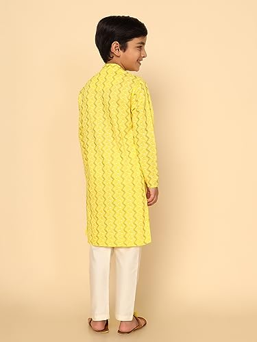Image of KISAH Kid's Full Sleeves Cotton Blend Knee Length Printed Kurta Pyjama Set (3-4Y, Corn Yellow)