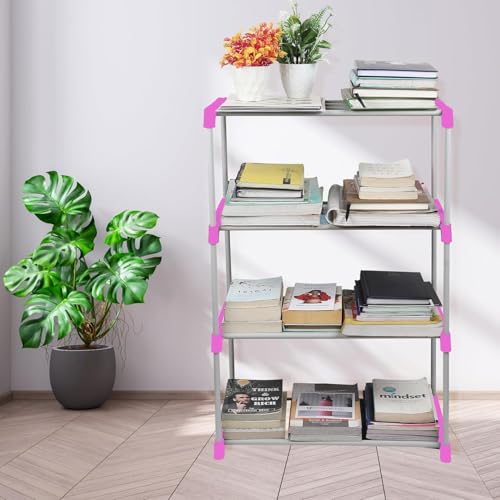 Image of 4 Layer Modern Simple Home Library, Book Stand Book Shelf with Storage Display Rack Open Bookcase Showcase Stand Book Rack for Study Room (Pink)