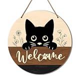 Black Cat Welcome Sign Decor for House Front Door, Cat Lover Gifts Welcome Wood Hanging Door Sign Decorations for New Home Apartment Entryway Yard Wall