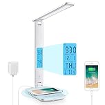 LAOPAO LED Desk Lamp with 10W Wireless Charging and USB Charging Port, 3 Colour Temperatures, 5 Brightness Levels,Touch Control, Time,Temperature,Clock Function for Home Office [White]