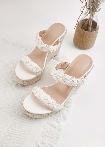 Image of Coutgo Womens Wedge Platform Sandals Espadrilles Two Strap Woven Slip On Summer Cute Slide Sandals