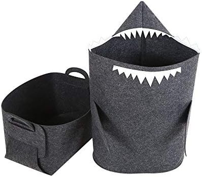 Kidsâ€ Laundry Hamper Basket Storage & Bin Bag Tote with Handles - Shark & Box Set Made of Premium Quality Felt, Non-Woven, Eco-Friendly, Collapsible, Foldable & Multi-Functional - Dark Gray