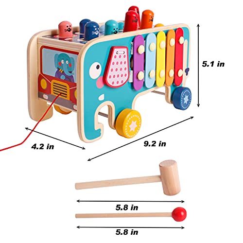 Wooden Educational Toy Hammering Pounding Toys Xylophone, Birthday Gift for 3+ Years Boy Girl Baby Toddler Kids Hitting Pull Along Elephant Gopher Toy Mouse and Hamster Game