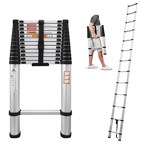 Telescopic Ladder 12.5FT 3.8M Extendable 12 Steps with Spring Load Locking Mechanism Non-Slip Rubber Feet Portable Sturdy Aluminium Telescopic EN131 Certificated