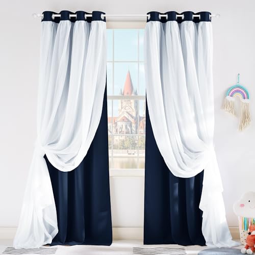 PONY DANCE Navy Blue Double Layered Curtains with Sheer Overlay