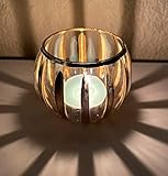 Set of 6 Hand-Crafted Votive Glass Candle Holders (Clear with Golden Stripes)