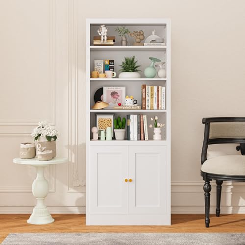 Image of VASAAOSD Book Shelf Bookcases with Doors, Metal Bookshelf with Storage Shelf, Floor Standing Display Shelves, Home Decor Furniture for Living Room Home Office (White)