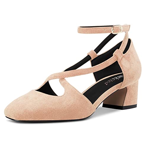 Saekcted Mujer Medio Chunky Ancho Heel Cuadrada Punta Pumps Correa Cruzada Correa Tobillo Cierre con Hebilla Fiesta Cute Zapatos Beige Ante 42 EU