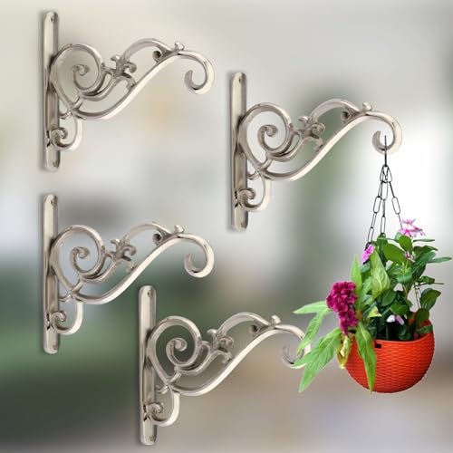Image of GHAR DWAR Metal Wall Hook Hanging Plant Bracket Decorative Straight Plant Hanger for Pots, Bird Feeders, Planters, Lanterns, Macrame, Wind Chimes Indoor Outdoor (Pack of 4, Silver)