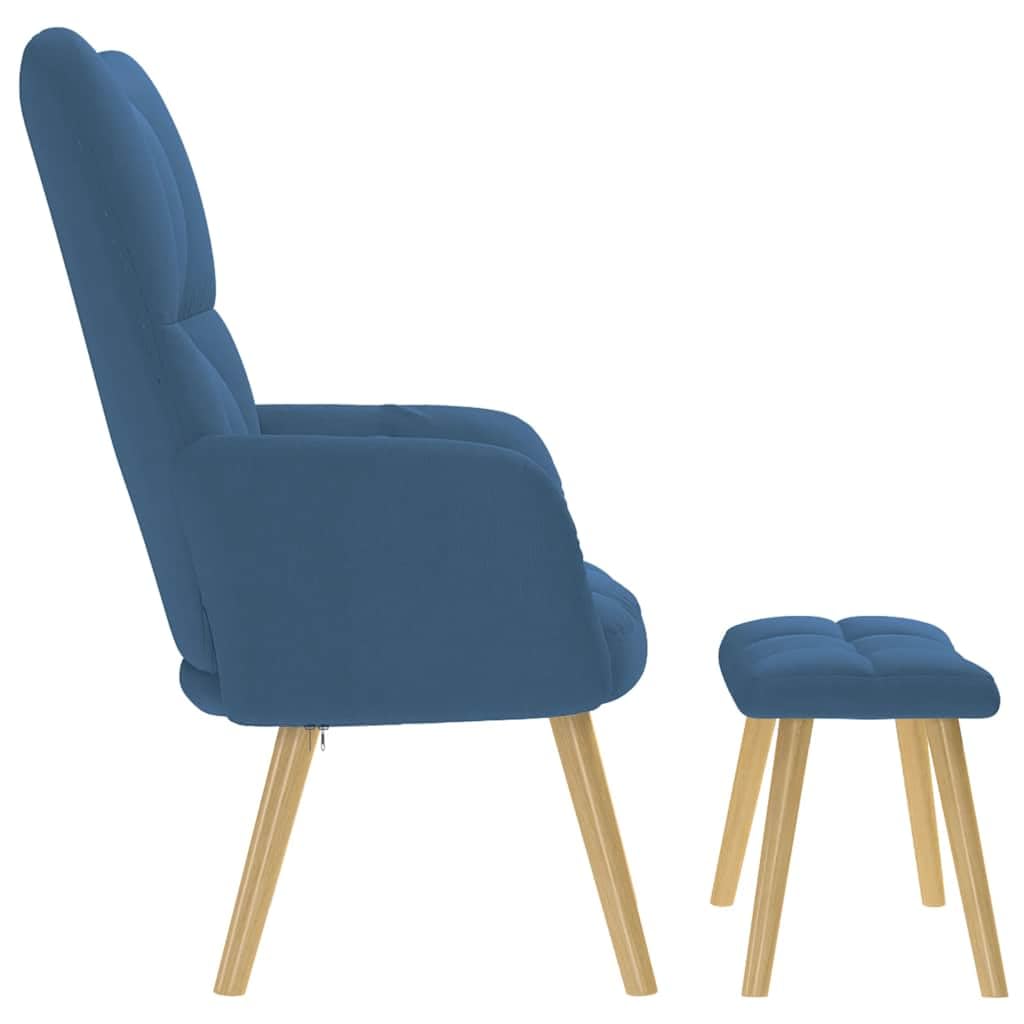 Fotel relaksacyjny z taboretem w kolorze niebieskim, ergonomiczne krzesło wypoczynkowe z podłokietnikami i oparciem, drewniany stelaż metalowy, wysokość siedziska 38 cm, podnóżek jako taboret