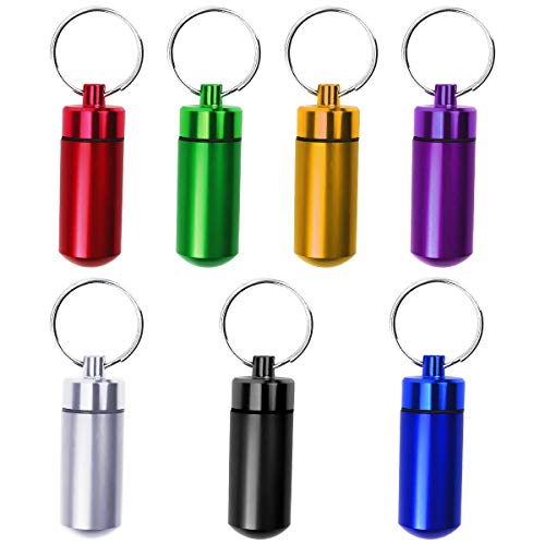7 stücke Pillendose mit Schlussel Anhaenger Wasserdichte Pillenhalter Box Organizer Fall Mini Aluminium Keychain Tablettenfläschchen für 7 TAGE Cover