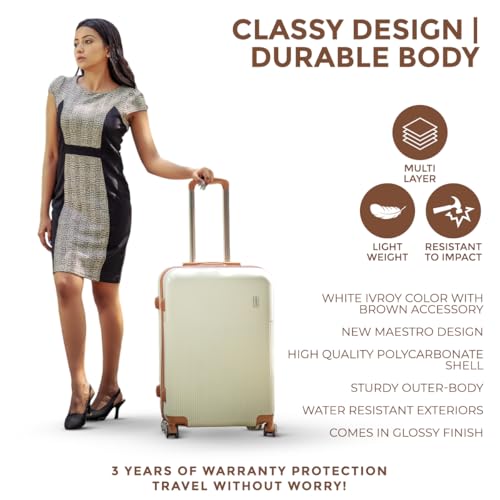 Image of Mode Maestro | Hard-Sided Polycarbonate Trolley Suitcase | 360 8-Wheel Easy Drag| Brown Color Accessories| Light-Weight | TSA Lock |3-Yr Warranty | Check-in Luggage Bag 24in (65cm (M), White)