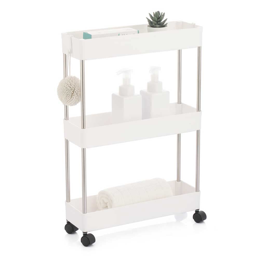 BAKAJI Carrello Carrellino Slim Stretto Sottile Salvaspazio Cucina Bagno Ripostiglio con Ripiani e 4 Ruote, Scaffale Portaoggetti Multiuso con Rotelle (3 Ripiani)