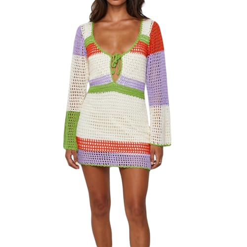 Image of Women Crochet Knit Mini Dress Colorful Striped Long Sleeve See Through Mesh Cover Ups Summer Beach Wear