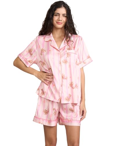 Image of YiNi LuLu Womens Silk Satin Shorts Pajamas Set Button Down 2 Piece Pjs Short Sleeve Oversized Sleepwear with Pockets